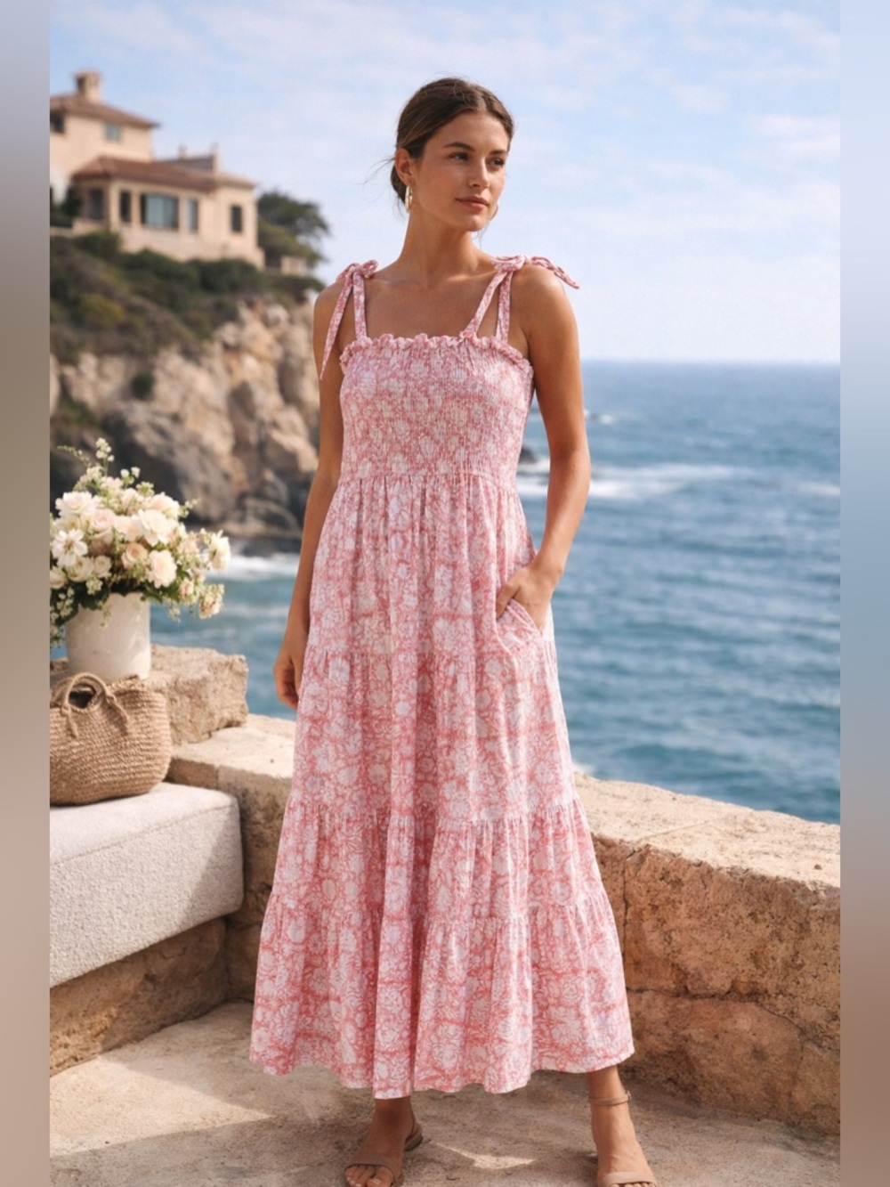 Ophelia & Indigo Mia Smocked Floral Maxi Dress Pink Bow Strap Cotton Size XS